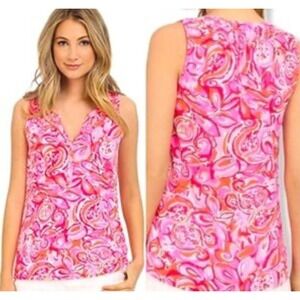 Lilly Pulitzer Women's Sleeveless Top Pink Orange‎ Floral Button Detail small